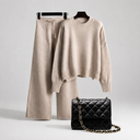 Beige Knit Sweater and Wide Leg Pants Set with Quilted Bag