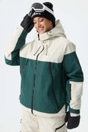 Women's Color-Block Off White & Green Structured Insulated Snow Jacket
