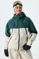 Women's Color Block Off White & Green Multi-Pocket Snow Jacket