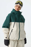 Women's Color Block Off White & Green Multi-Pocket Snow Jacket