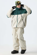 Men's Color Block Off White & Green Multi-Pocket Snow Jacket