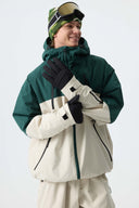 Men's Color Block Off White & Green Multi-Pocket Snow Jacket