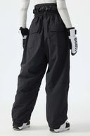 Women's Black Baggy Reflective Piping Drawstring Snow Pants