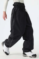 Men's Black Baggy Reflective Piping Drawstring Snow Pants