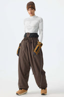 Women's Brown Baggy Reflective Piping Drawstring Snow Pants