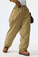 Women's Khaki Baggy Reflective Piping Drawstring Snow Pants