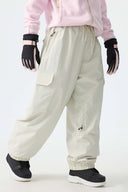 Women's Off White Sleek Sport Utility Hidden Cargo Pockets Baggy Snow Pants