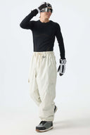 Men's Off White Sleek Sport Utility Hidden Cargo Pockets Baggy Snow Pants