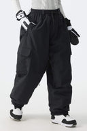 Women's Black Sleek Sport Utility Hidden Cargo Pockets Baggy Snow Pants