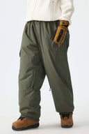 Women's Olive Green Sleek Sport Utility Hidden Cargo Pockets Baggy Snow Pants