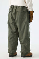Women's Olive Green Sleek Sport Utility Hidden Cargo Pockets Baggy Snow Pants