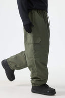 Men's Olive Green Sleek Sport Utility Hidden Cargo Pockets Baggy Snow Pants