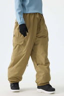 Women's Olive Green Sleek Sport Utility Hidden Cargo Pockets Baggy Snow Pants