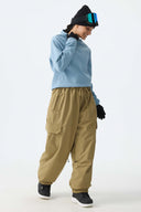 Women's Khaki Sleek Sport Utility Hidden Cargo Pockets Baggy Snow Pants