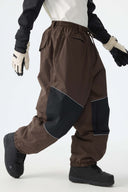 Men's Khaki Color-Block Reflective Baggy Snow Pants