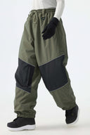 Women's Khaki Color-Block Reflective Baggy Snow Pants