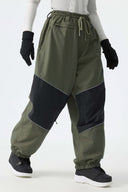Women's Army Green Color-Block Reflective Baggy Snow Pants