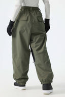 Women's Khaki Color-Block Reflective Baggy Snow Pants
