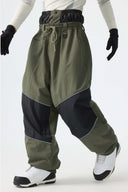 Men's Khaki Color-Block Reflective Baggy Snow Pants