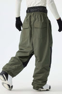 Men's Army Green Color-Block Reflective Baggy Snow Pants