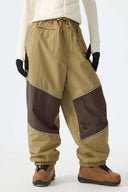 Women's Khaki Color-Block Reflective Baggy Snow Pants
