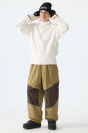 Men's Khaki Color-Block Reflective Baggy Snow Pants