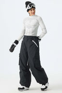 Women's Black Contrast Zipper Detail Baggy Snow Pants