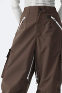 Women's Brown Contrast Zipper Detail Baggy Snow Pants