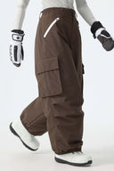 Women's Brown Contrast Zipper Detail Baggy Snow Pants
