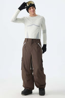 Men's Brown Contrast Zipper Detail Baggy Snow Pants