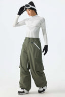 Women's Army Green Contrast Zipper Detail Baggy Snow Pants