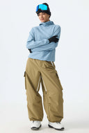 Women's Khaki Contrast Zipper Detail Baggy Snow Pants