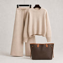 Luxury Beige Knit Sweater and Wide Leg Pants Set Styled with a Monogram Neverfull GM